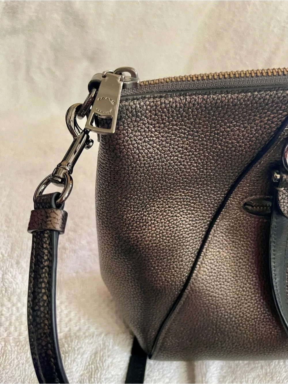 Coach Metallic Bronze Pebbled Leather Satchel with Crossbody Strap - Picture 5 of 6